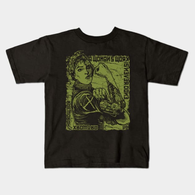 "A WOMANS WORK" (OLIVE) Kids T-Shirt by joeyjamesartworx